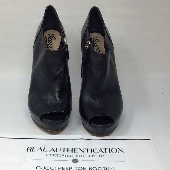 Authentic Gucci Black Leather Peep-Toe Stiletto Platform Ankle Booties - Size 38 - Picture 3 of 9